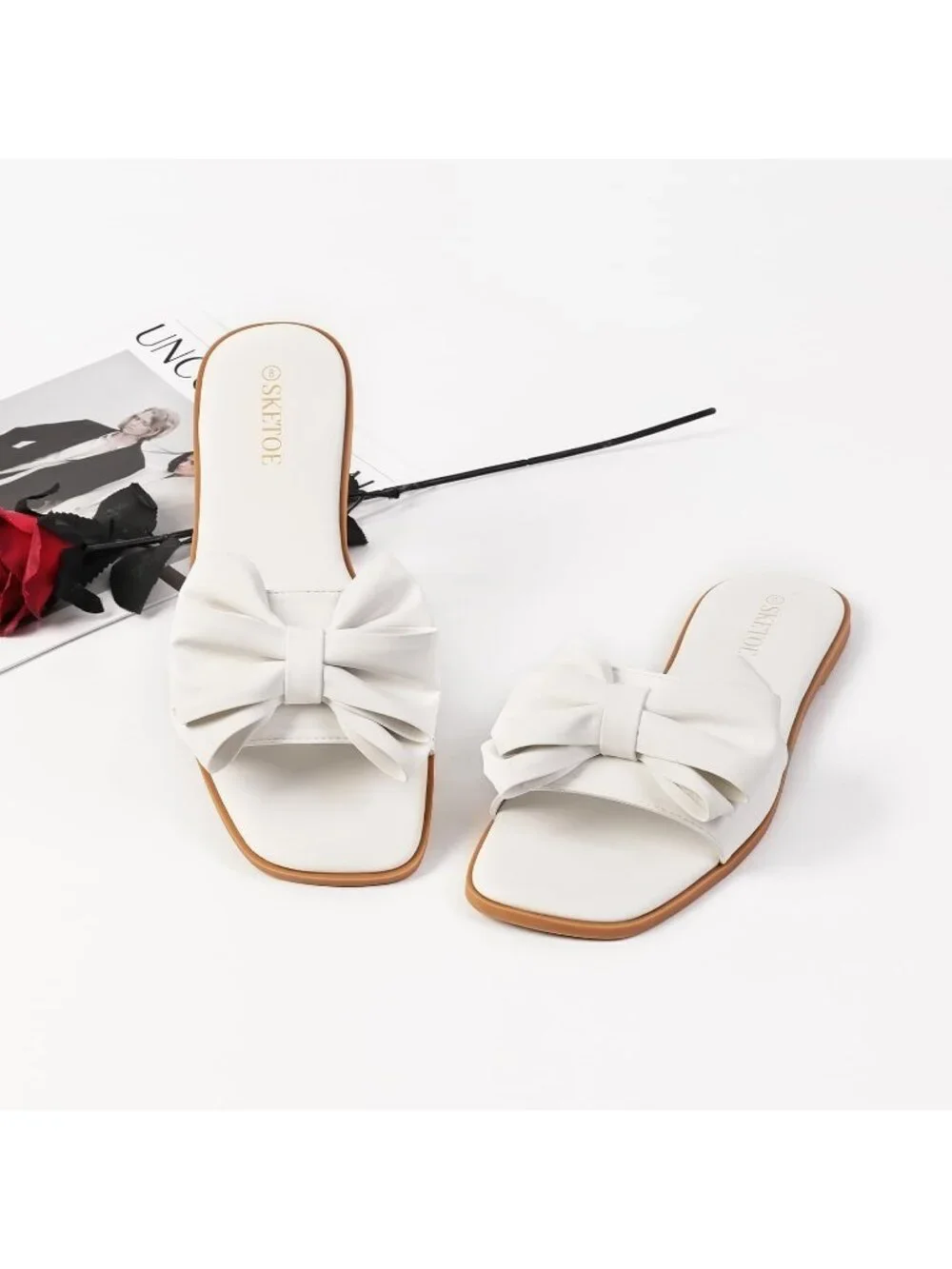 Women's White Faux Leather Bow Flat Sandals Open Saquare Toe Comfortable Slides